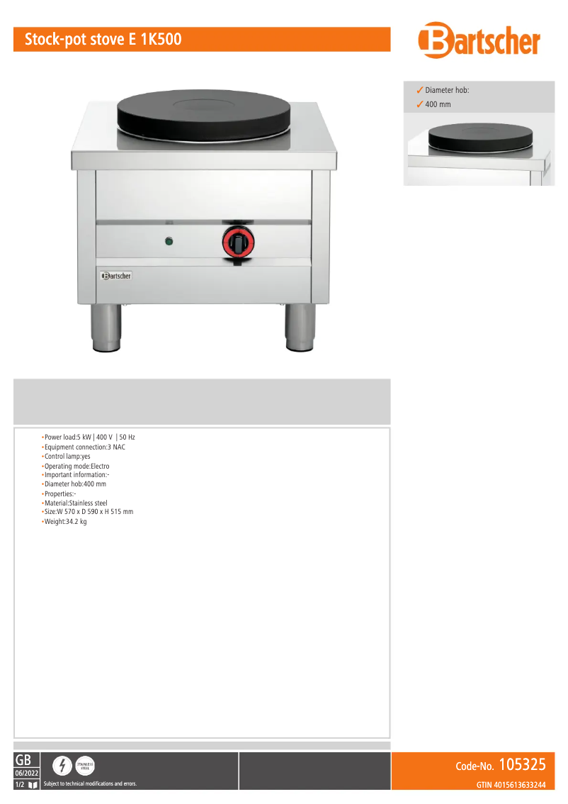 Page n°1 - Fiche technique Bartscher E 1K500
