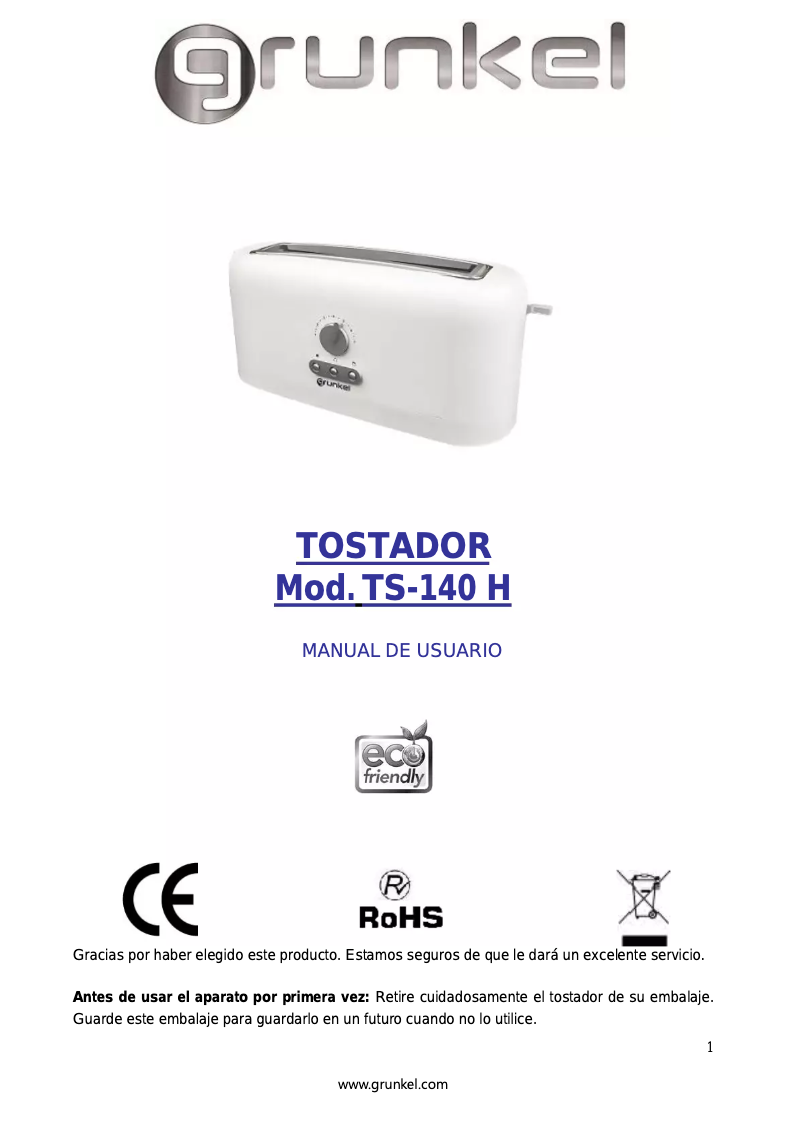 Page 1 de la notice Manuel utilisateur Grunkel TS-140H