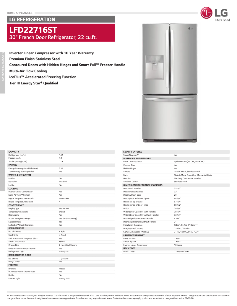 Page 1 de la notice Fiche technique LG LFD22716ST