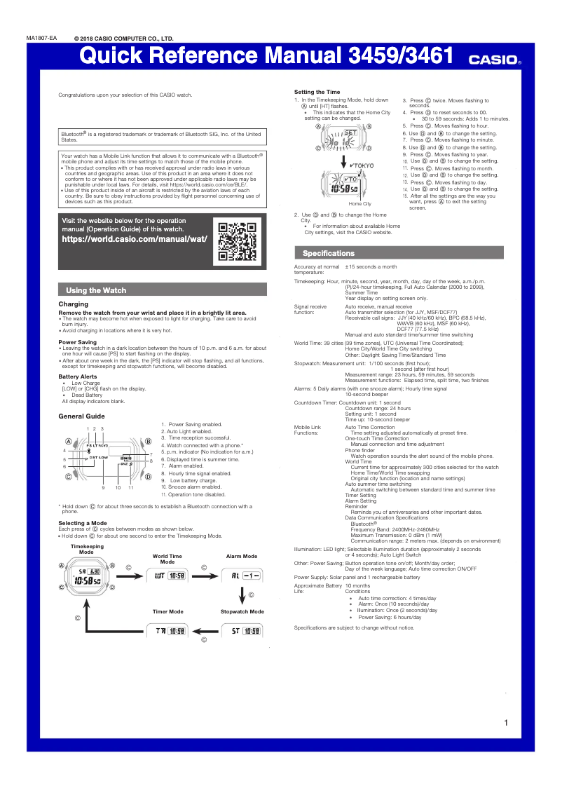 Page 1 de la notice Guide de démarrage rapide Casio G-Shock GMW-B5000