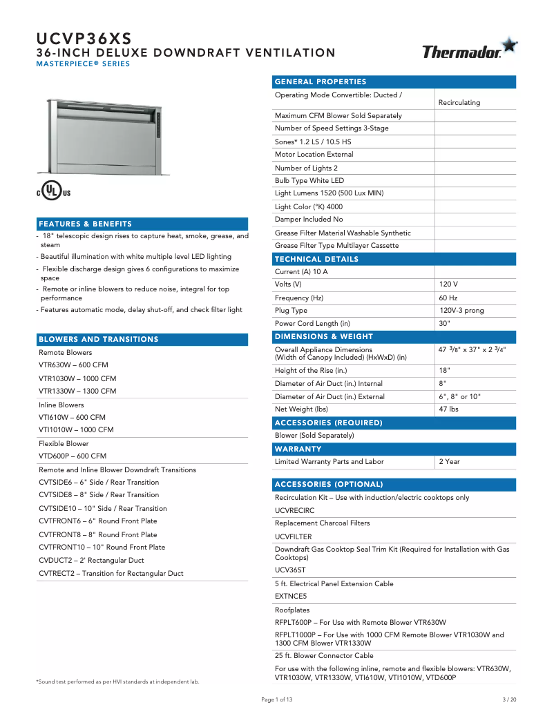 Page 1 de la notice Fiche technique Thermador UCVP36XS