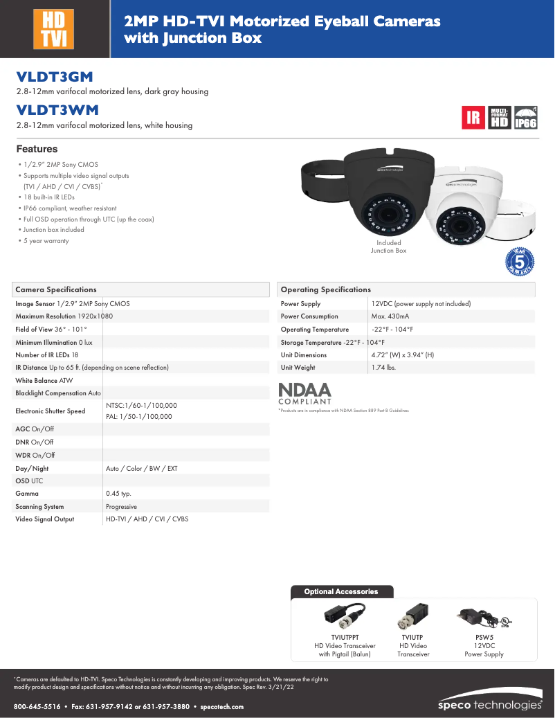 Page 1 de la notice Fiche technique Speco Technologies VLDT3WM