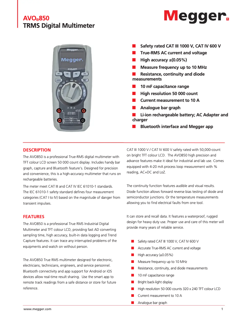 Page 1 de la notice Fiche technique Megger AVO850