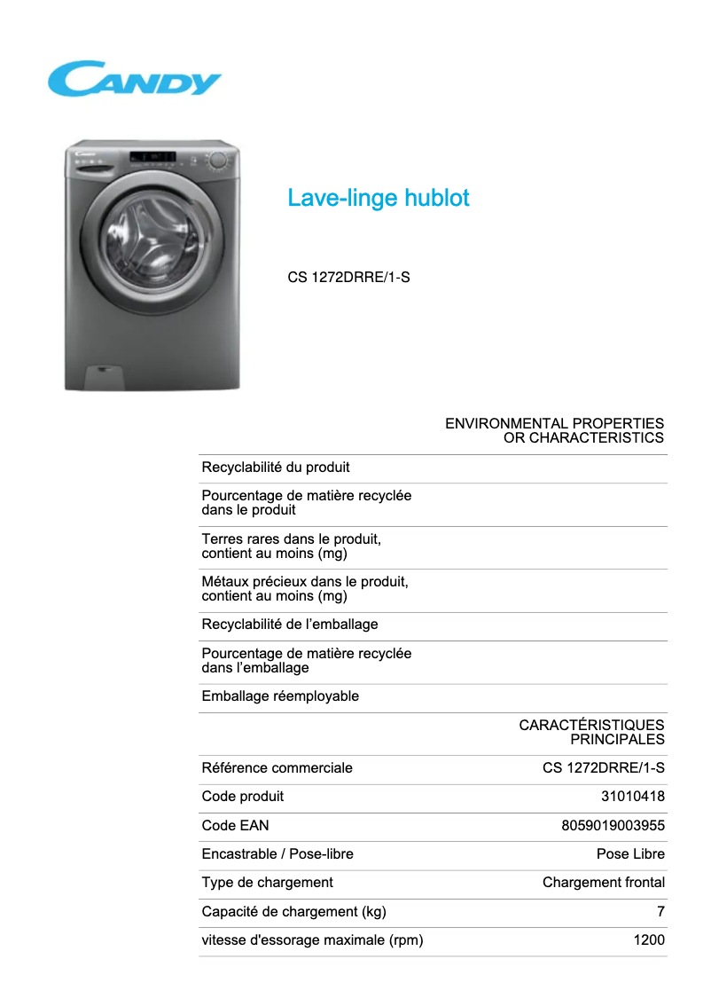 Page 1 de la notice Fiche technique Candy CS 1272DRRE/1-S