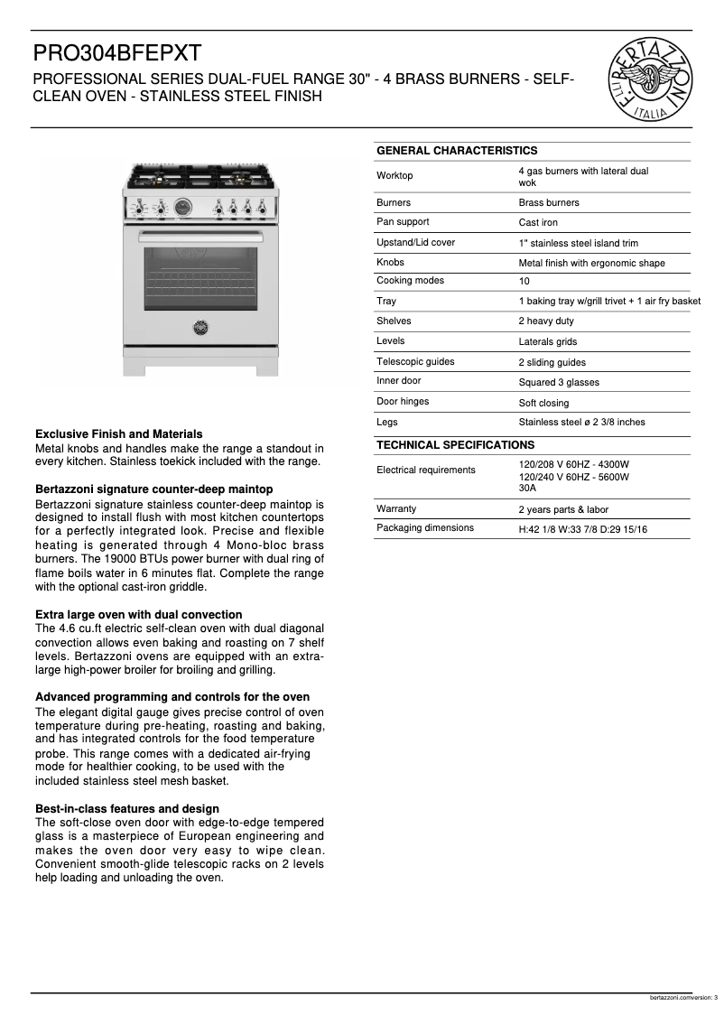 Page 1 de la notice Fiche technique Bertazzoni PRO304BFEPXT