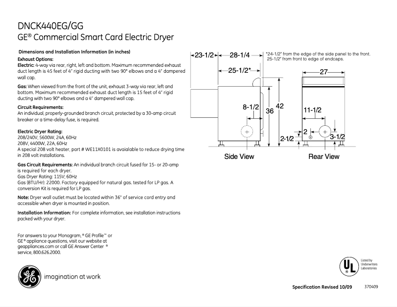 Page 1 de la notice Fiche technique GE DNCK440GGWC
