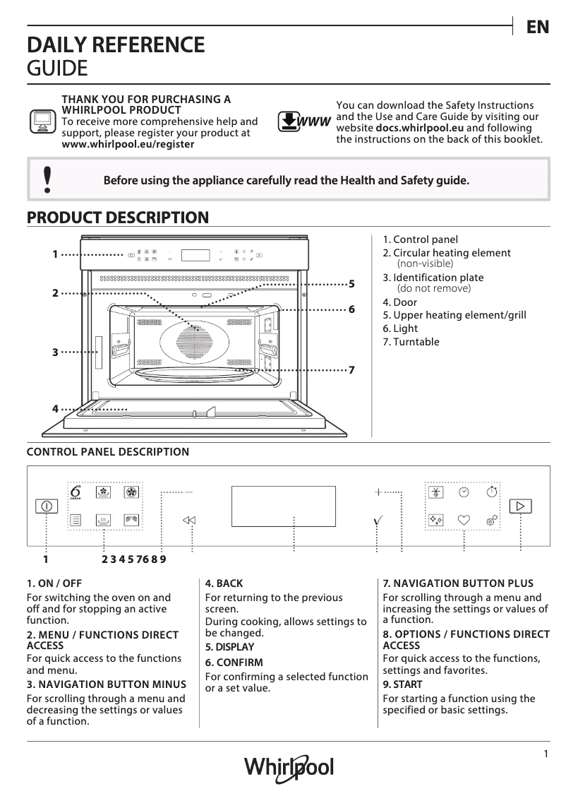 Page n°1 - Manuel d'utilisation et d'entretien Whirlpool W7 MW461