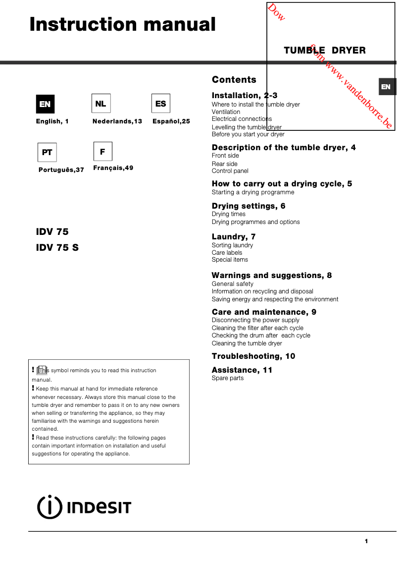 Imagen de la primera página del manual del dispositivo IDV 75
