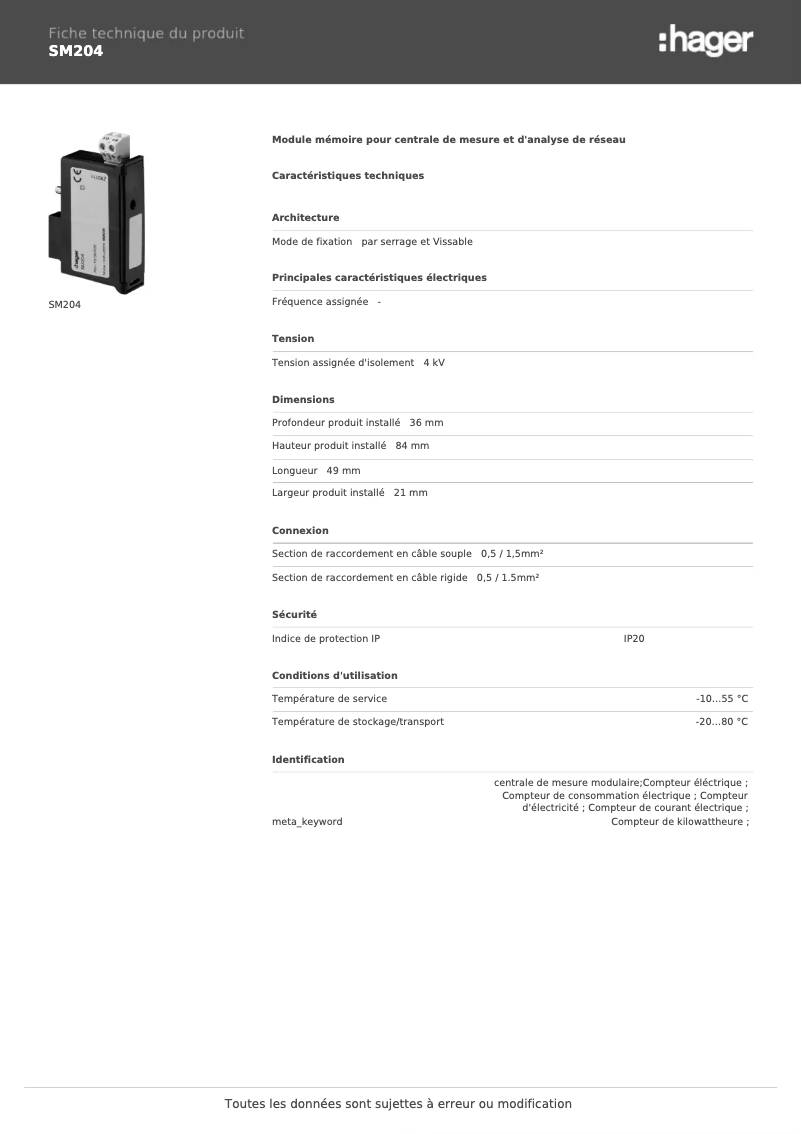 Page 1 de la notice Fiche technique Hager SM204
