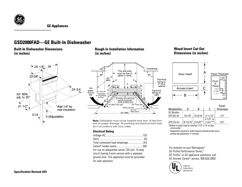 Page 1 de la notice Fiche technique GE GSD2000FAD