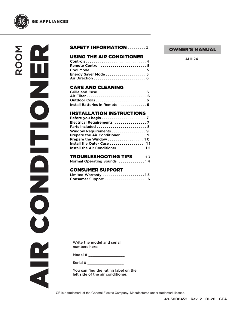 Page n°1 - Manuel d'utilisation et d'entretien GE AHH24DZ