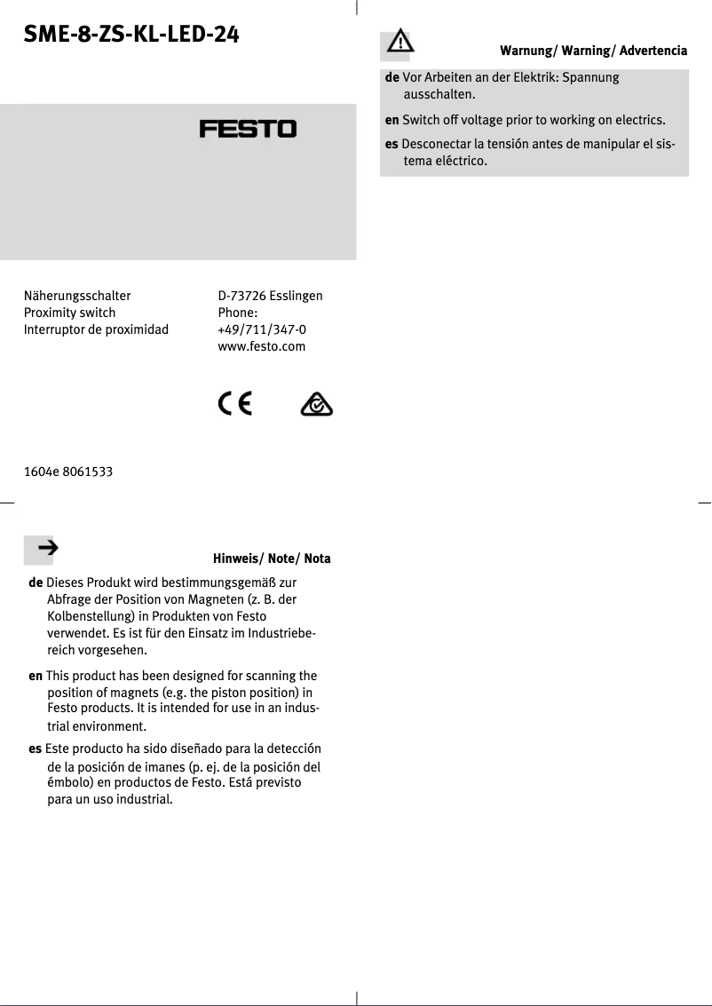 Page 1 de la notice Manuel utilisateur Festo SME-8-ZS-KL-LED-24
