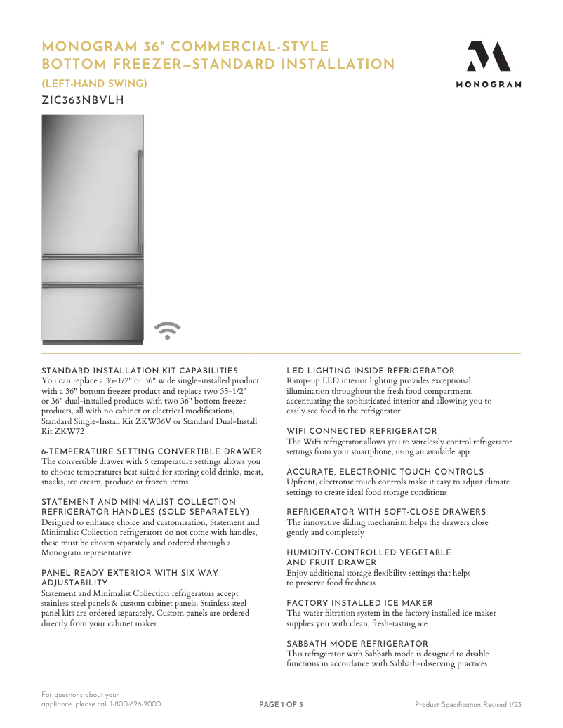 Page 1 de la notice Fiche technique Monogram ZIC363NBVLH