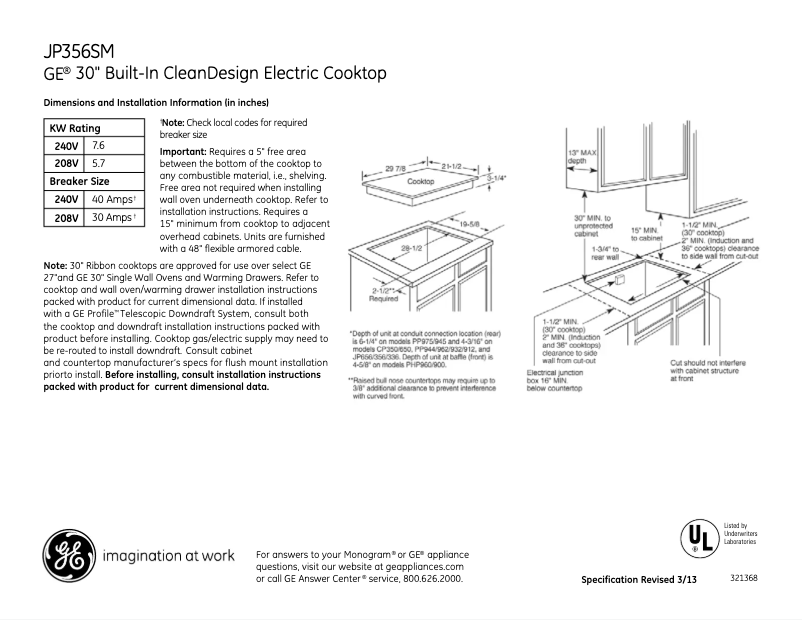 Page n°1 - Fiche technique GE JP356SMSS