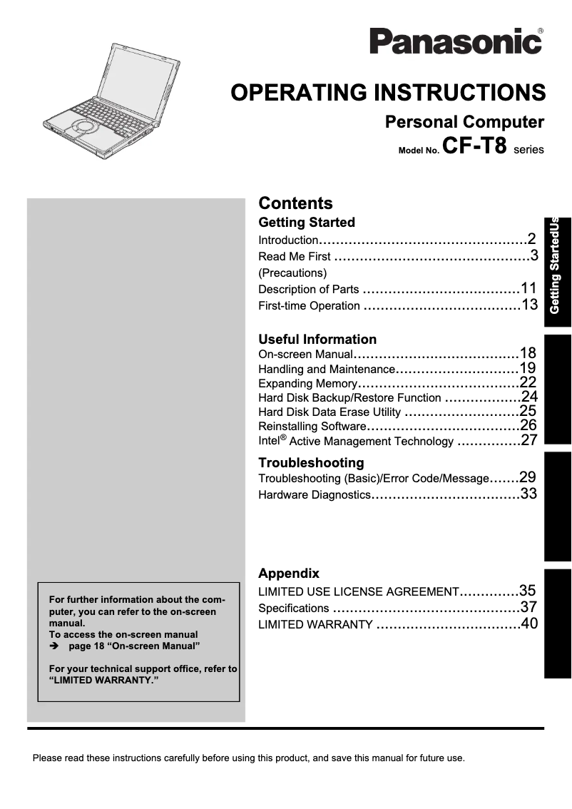 Image de la première page du manuel de l'appareil Toughbook T8