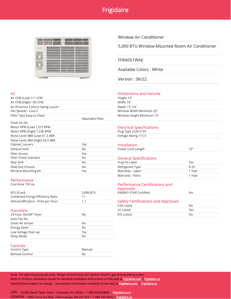 Page n°1 - Fiche technique Frigidaire FFRA051WA1