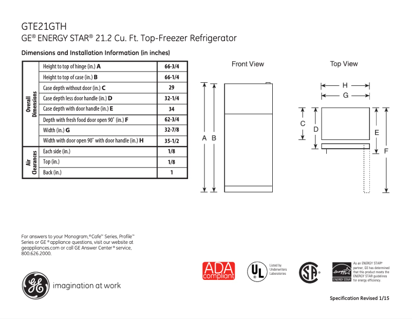 Página 1 del manual Ficha técnica GE GTE21GTHCC