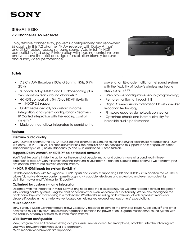 Page 1 de la notice Fiche technique Sony STR-ZA3100ES