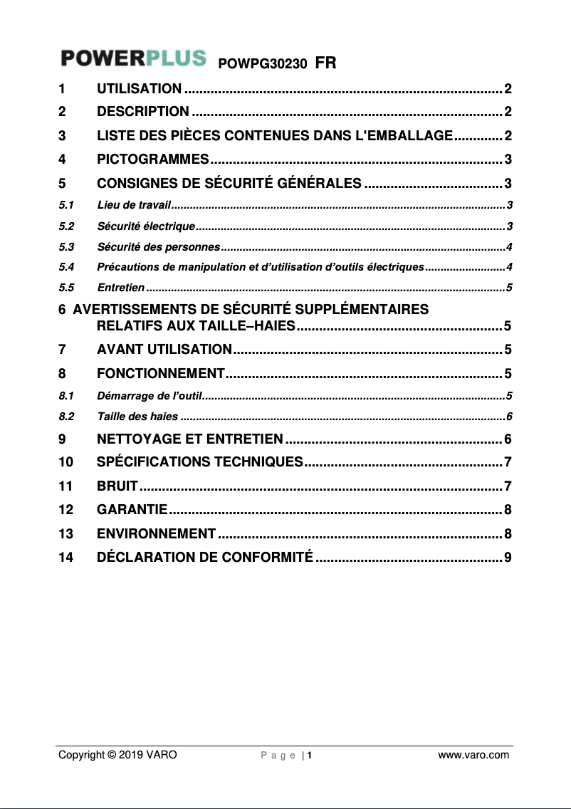 Page 1 de la notice Manuel utilisateur PowerPlus POWPG30230
