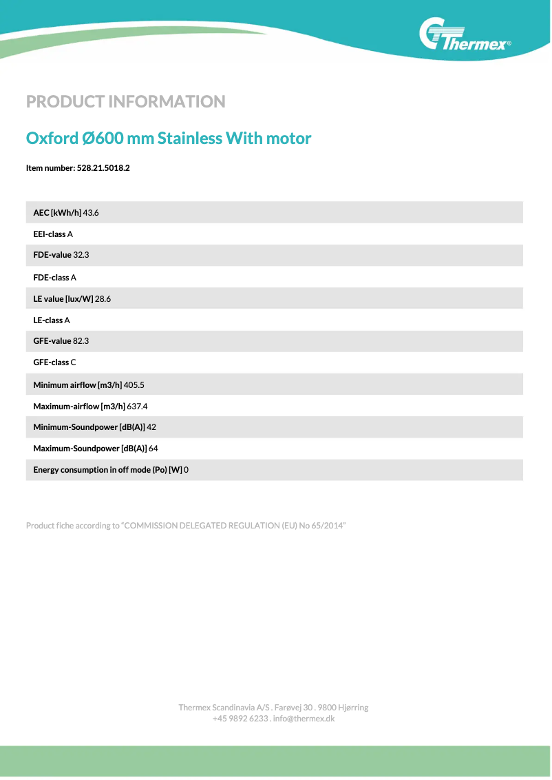 Page 1 de la notice Fiche technique Thermex Oxford