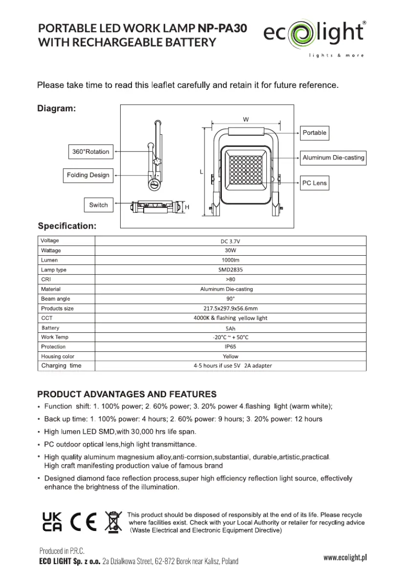 Page n°1 - Manuel utilisateur Ecolight EC20011