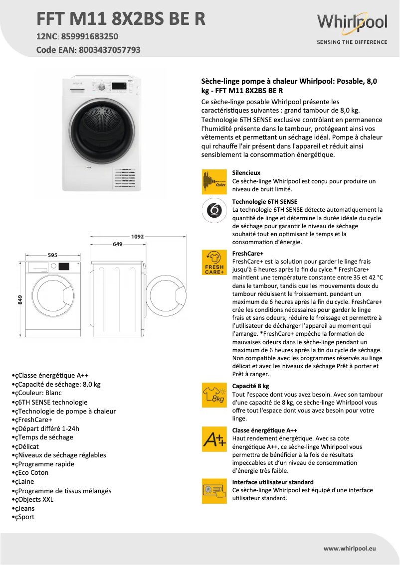 Página 1 del manual Ficha técnica Whirlpool FFT M11 8X2BS BE R