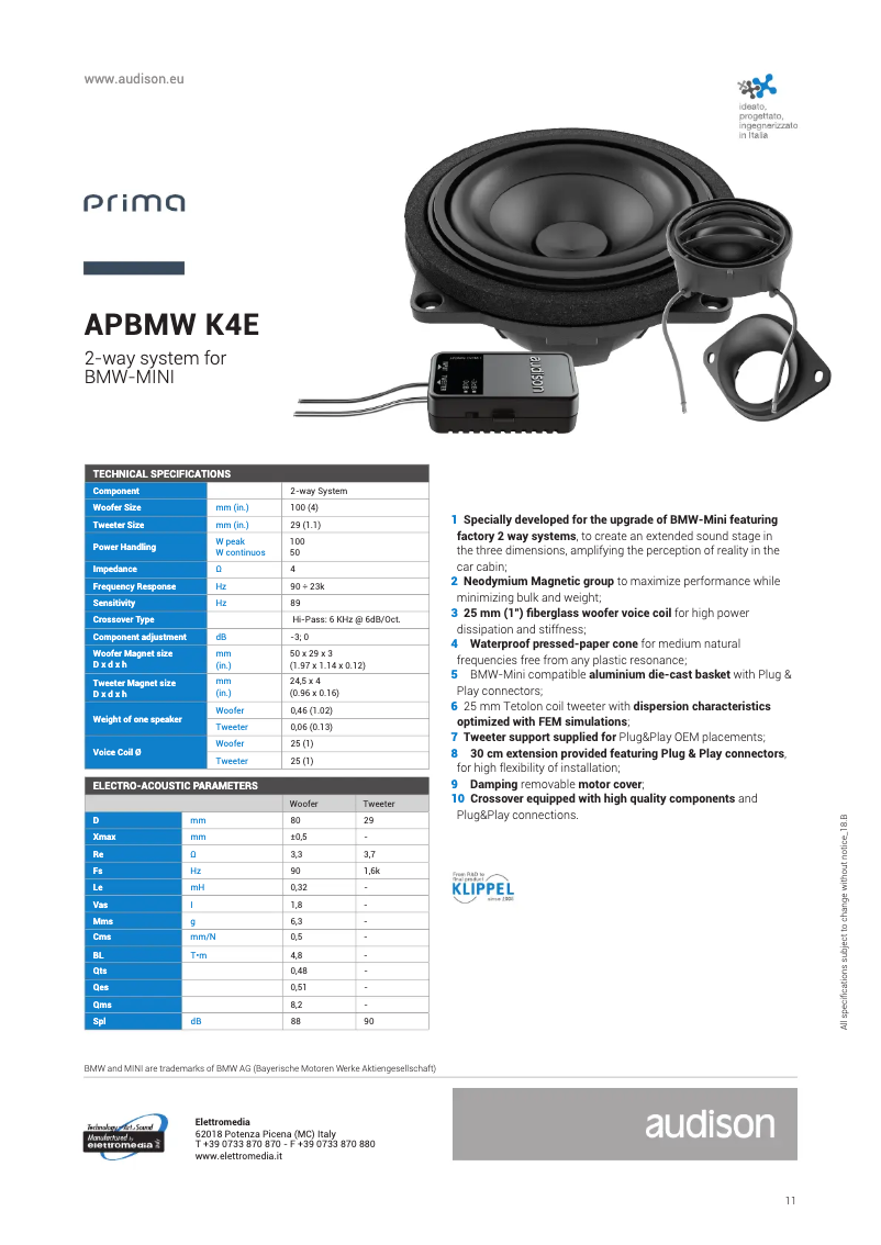 Página 1 del manual Ficha técnica Audison Prima APBMW K4E