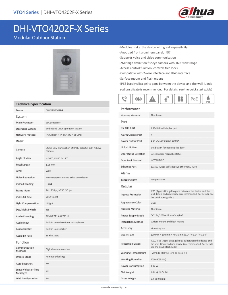 Page 1 de la notice Fiche technique Dahua Technology VTO4202F-X