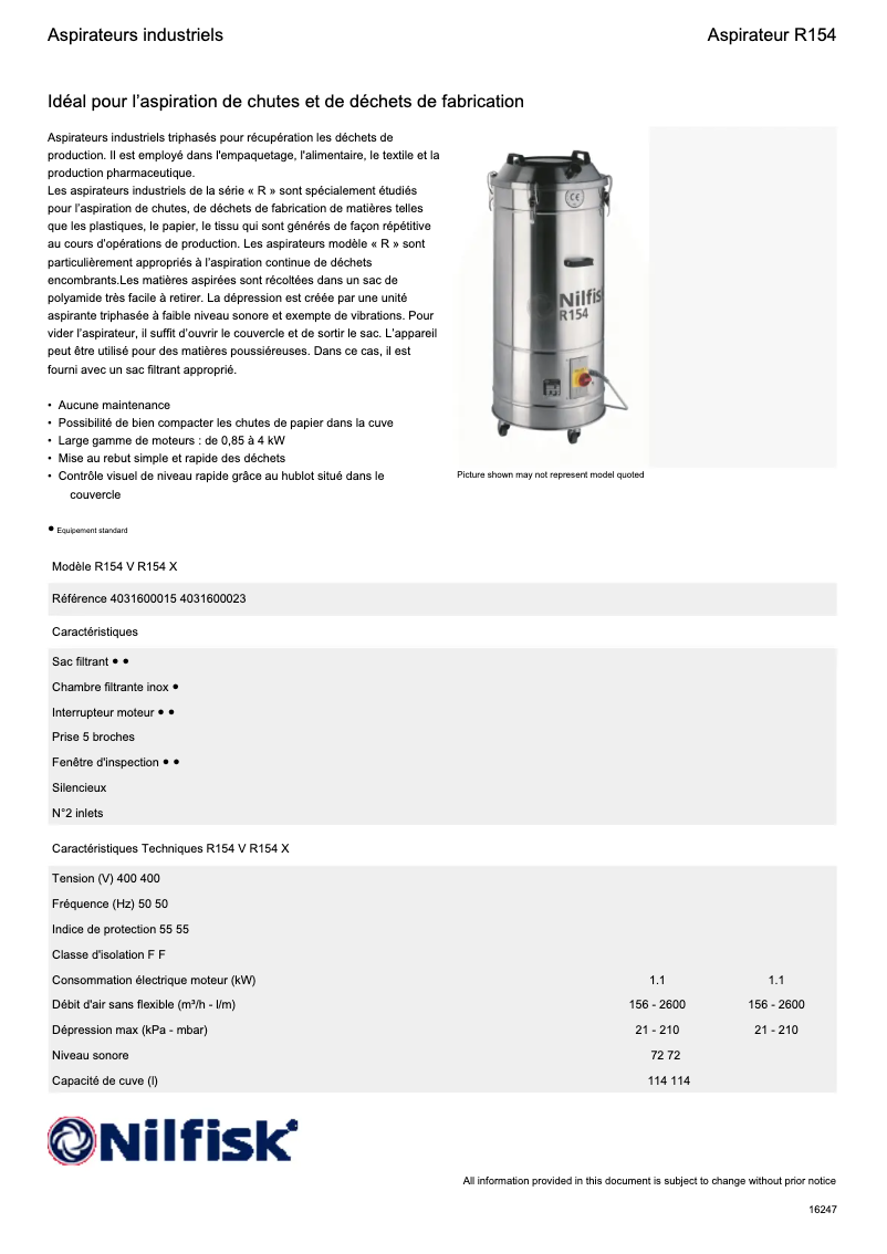 Page 1 de la notice Fiche technique Nilfisk R154