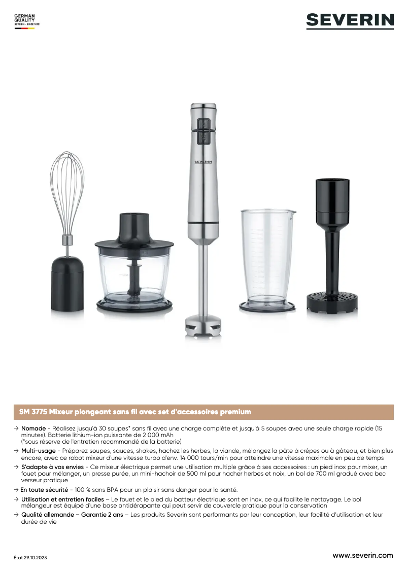 Page 1 de la notice Fiche technique Severin SM 3775