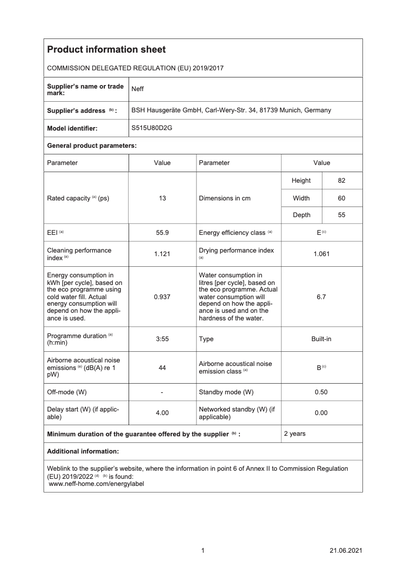 Page 1 de la notice Fiche technique Neff S515U80D2G