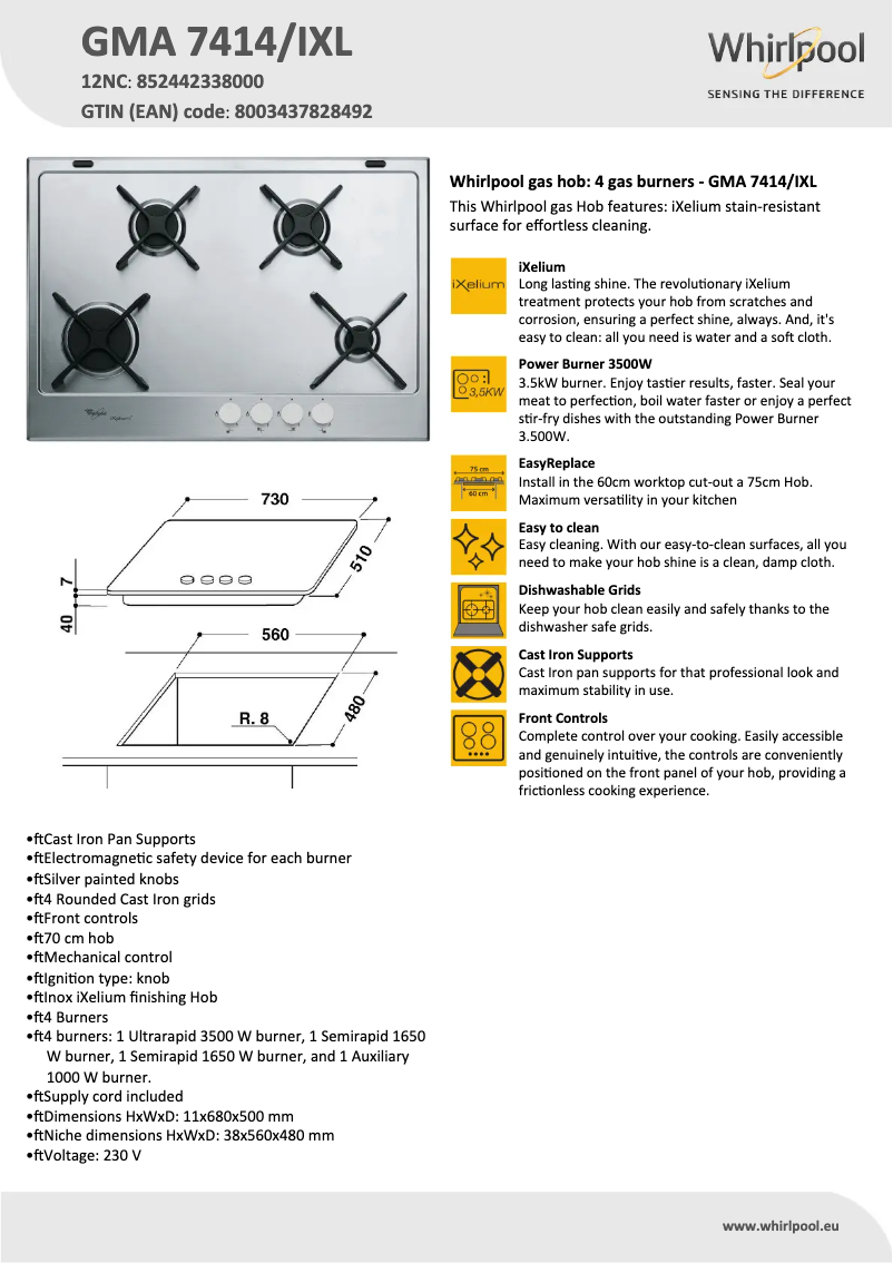 Page 1 de la notice Manuel utilisateur Whirlpool GMA 7414/IXL
