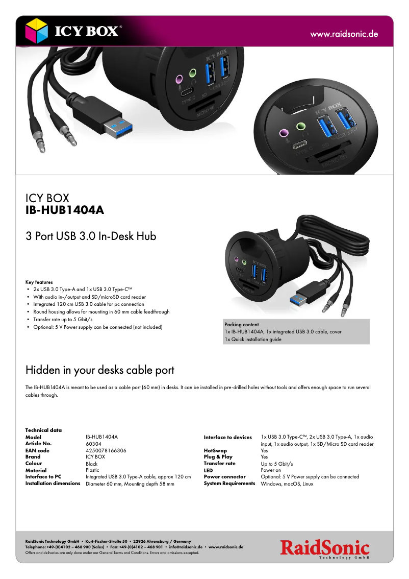 Page 1 de la notice Fiche technique Icy Box IB-HUB1404A