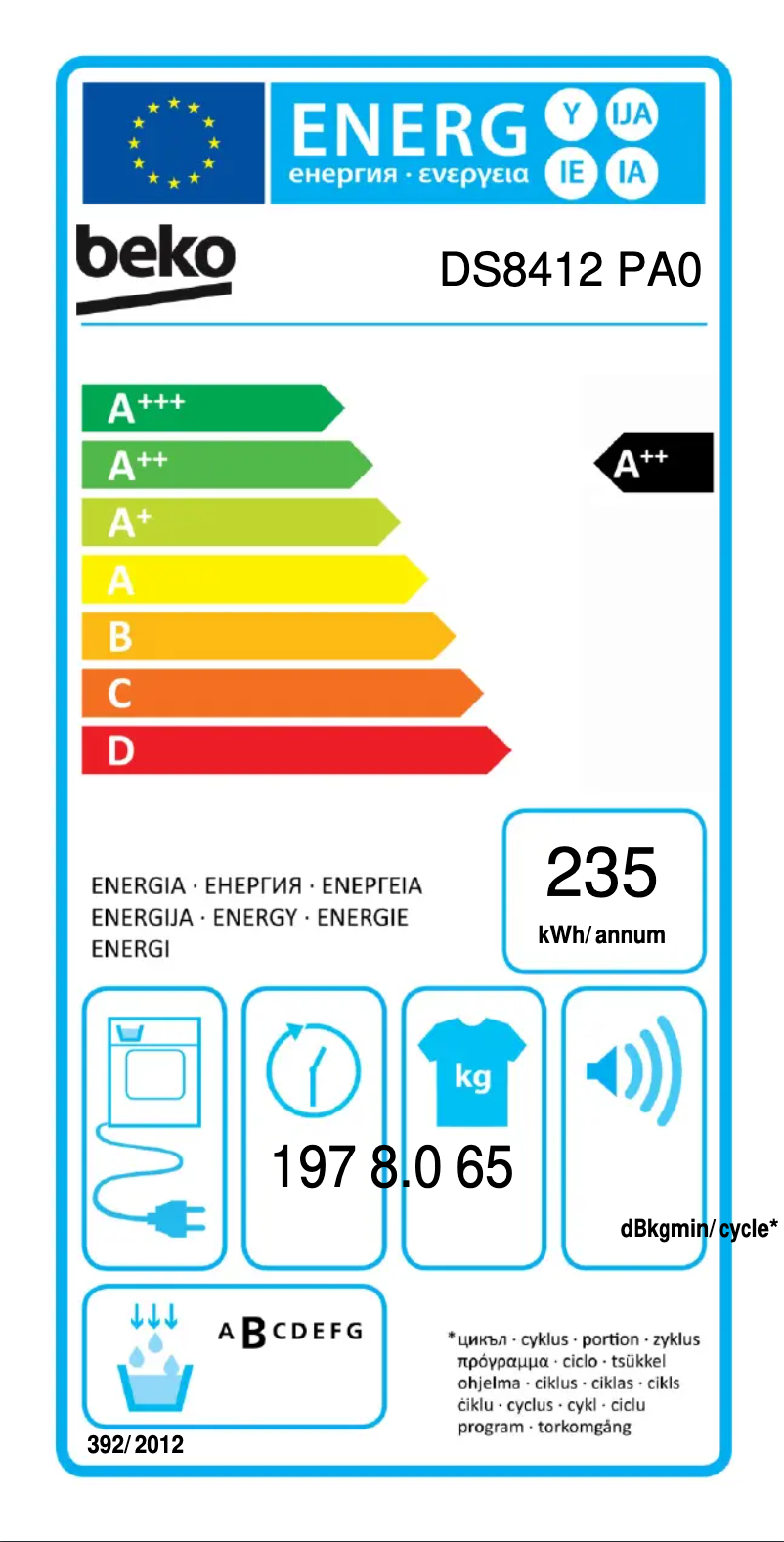 Page 1 de la notice Label énergétique Beko DS8412PA0
