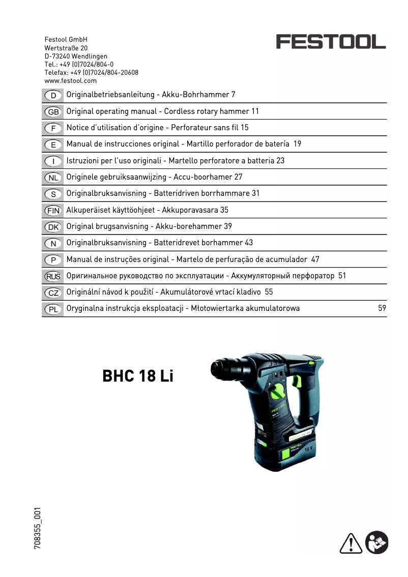 Page 1 de la notice Manuel utilisateur Festool BHC 18 Li-Basic