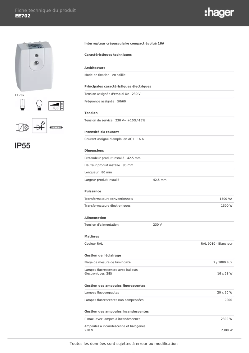 Page n°1 - Fiche technique Hager EE702