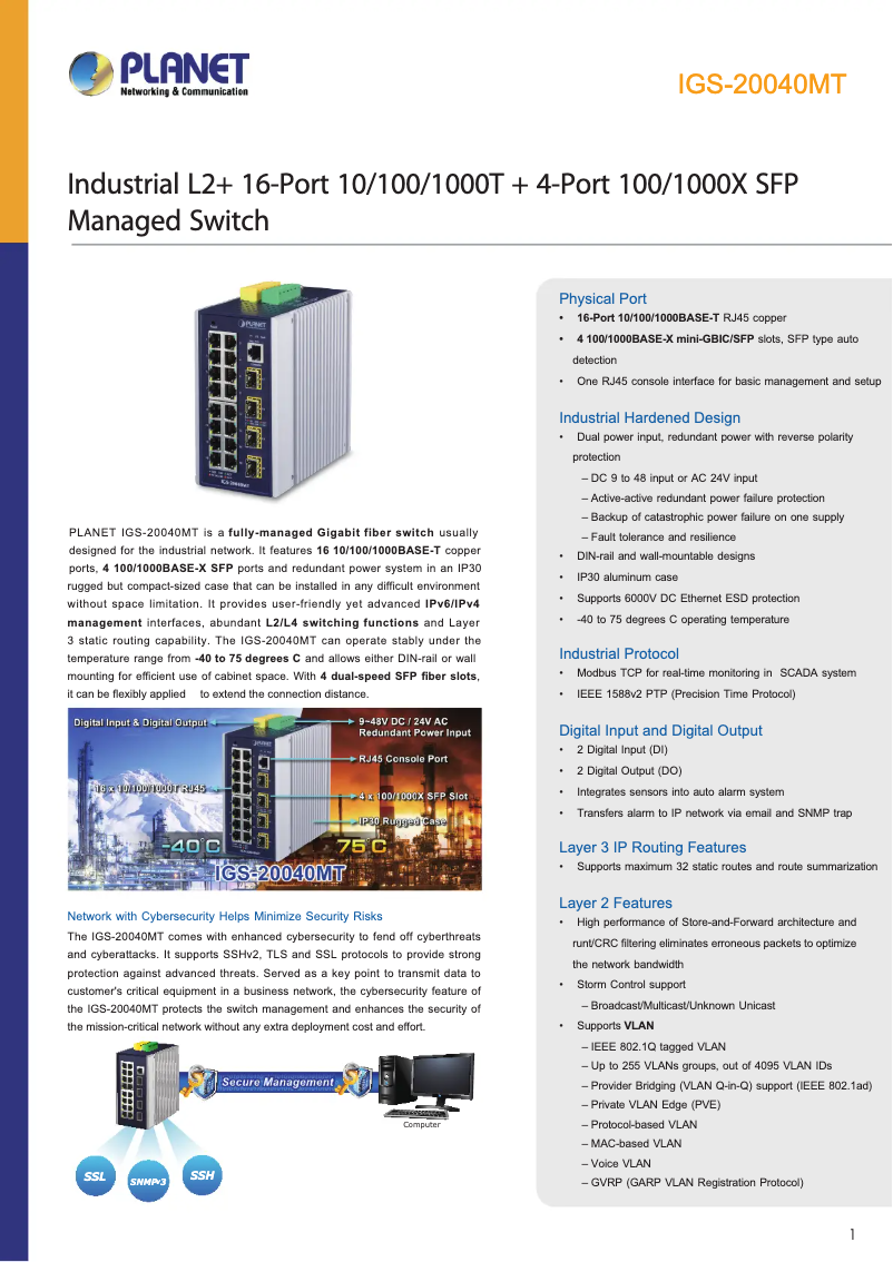 Page 1 de la notice Fiche technique Planet IGS-20040MT
