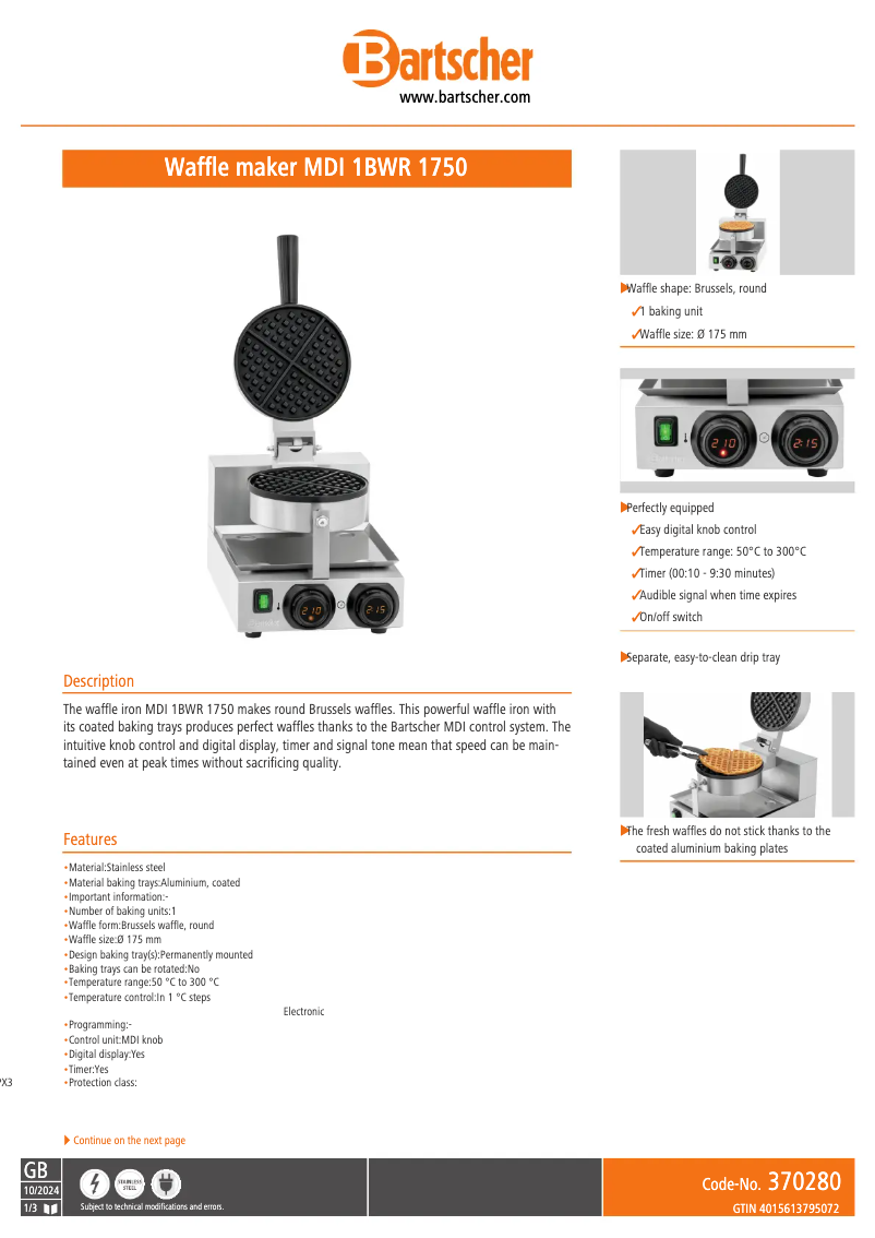 Page n°1 - Fiche technique Bartscher MDI 1BWR 1750