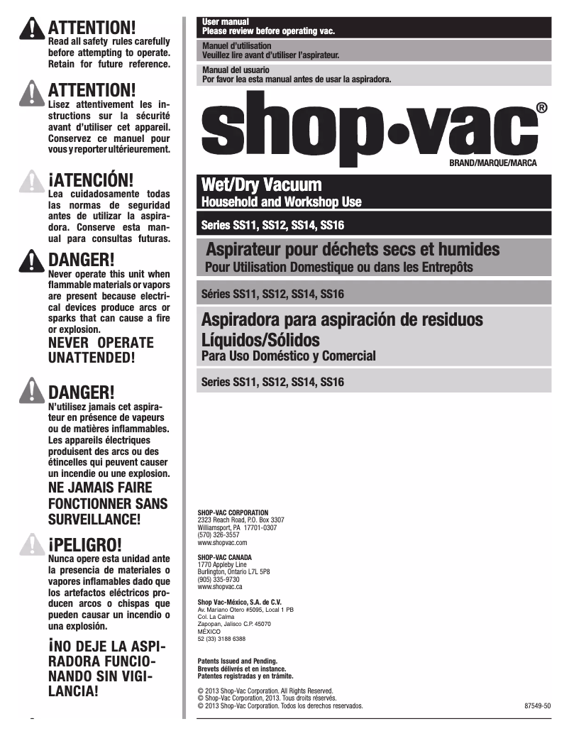 Page 1 de la notice Manuel utilisateur Shop-Vac SS12-350A