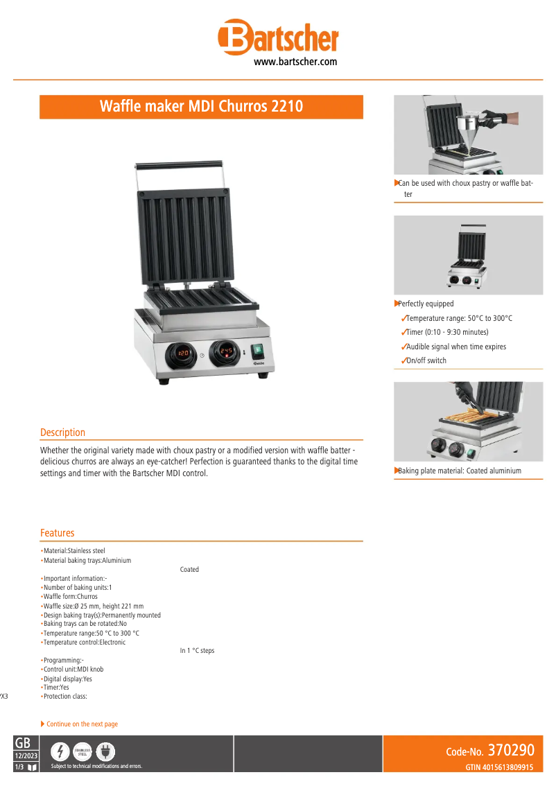 Page n°1 - Fiche technique Bartscher MDI Churros 2210