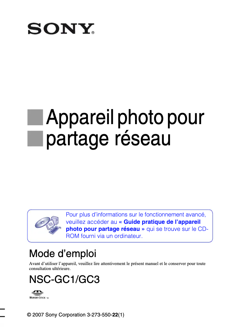Page 1 de la notice Manuel utilisateur Sony NSC-GC1