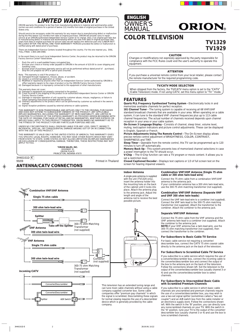 Page 1 de la notice Manuel utilisateur Orion TV1329