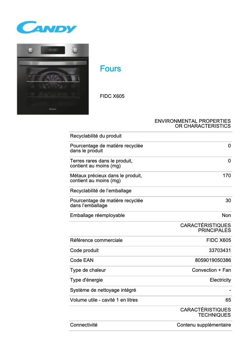Page 1 de la notice Fiche technique Candy FIDC X605