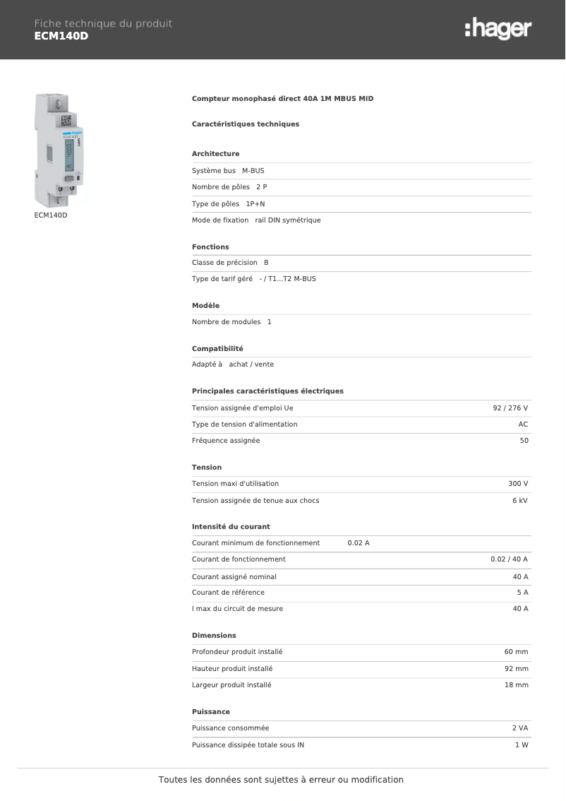 Page n°1 - Fiche technique Hager ECM140D