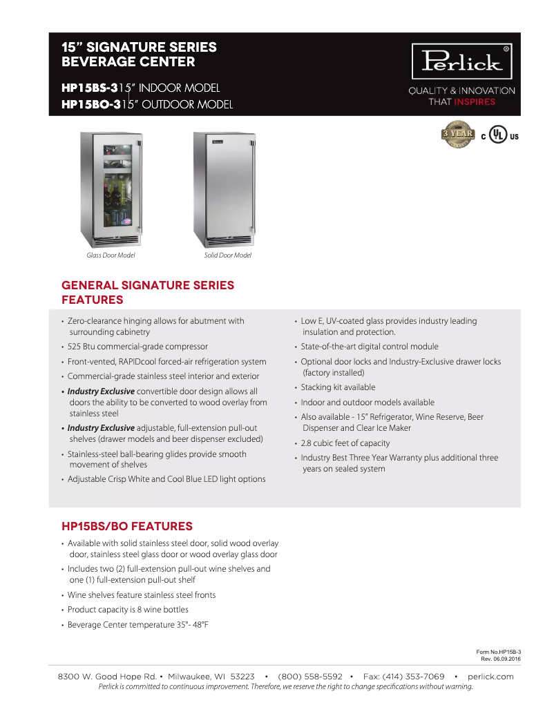 Page n°1 - Fiche technique Perlick Signature Series HP15BS-3-4L