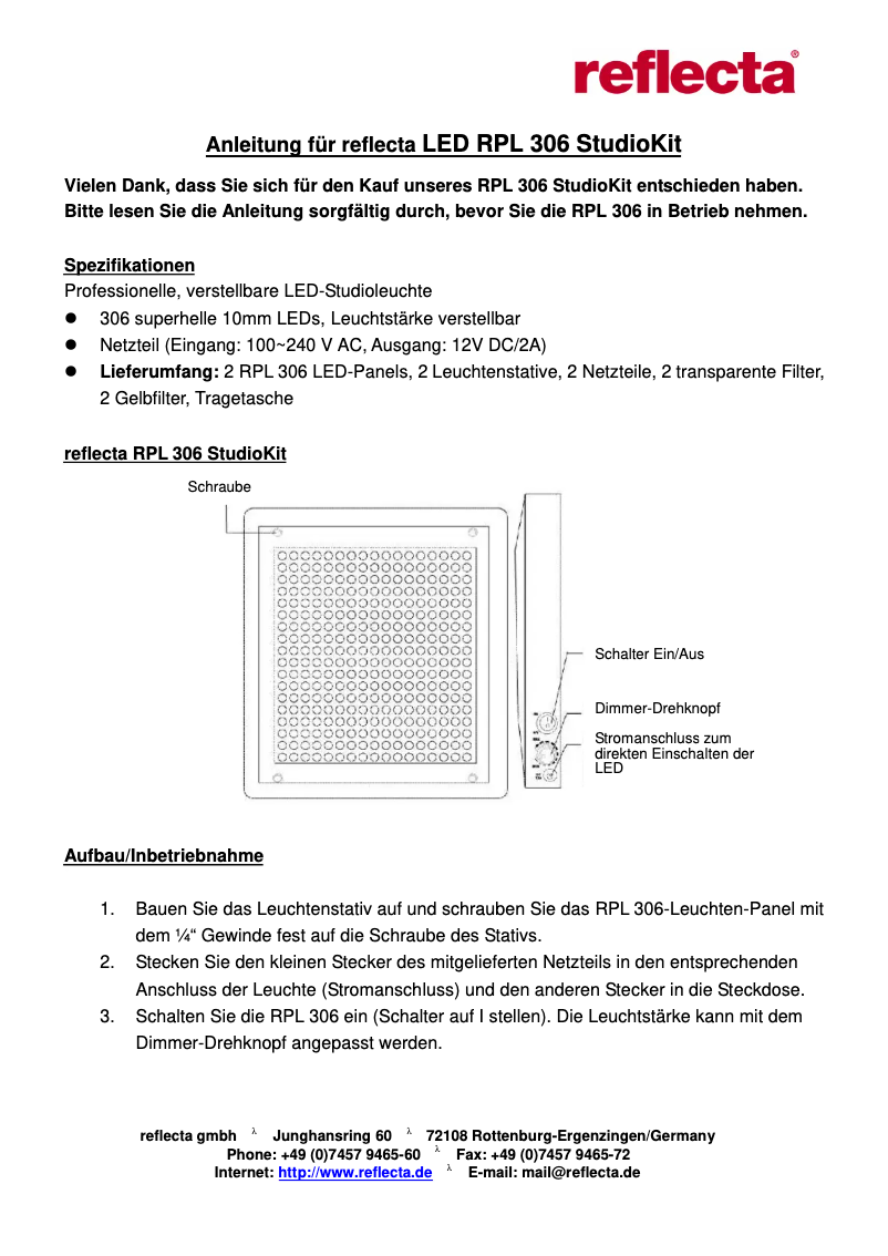 Page n°1 - Manuel utilisateur Reflecta RPL 306