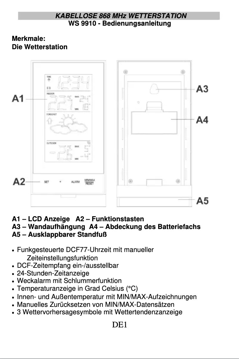 Page 1 de la notice Manuel utilisateur Techno Line WS 9910