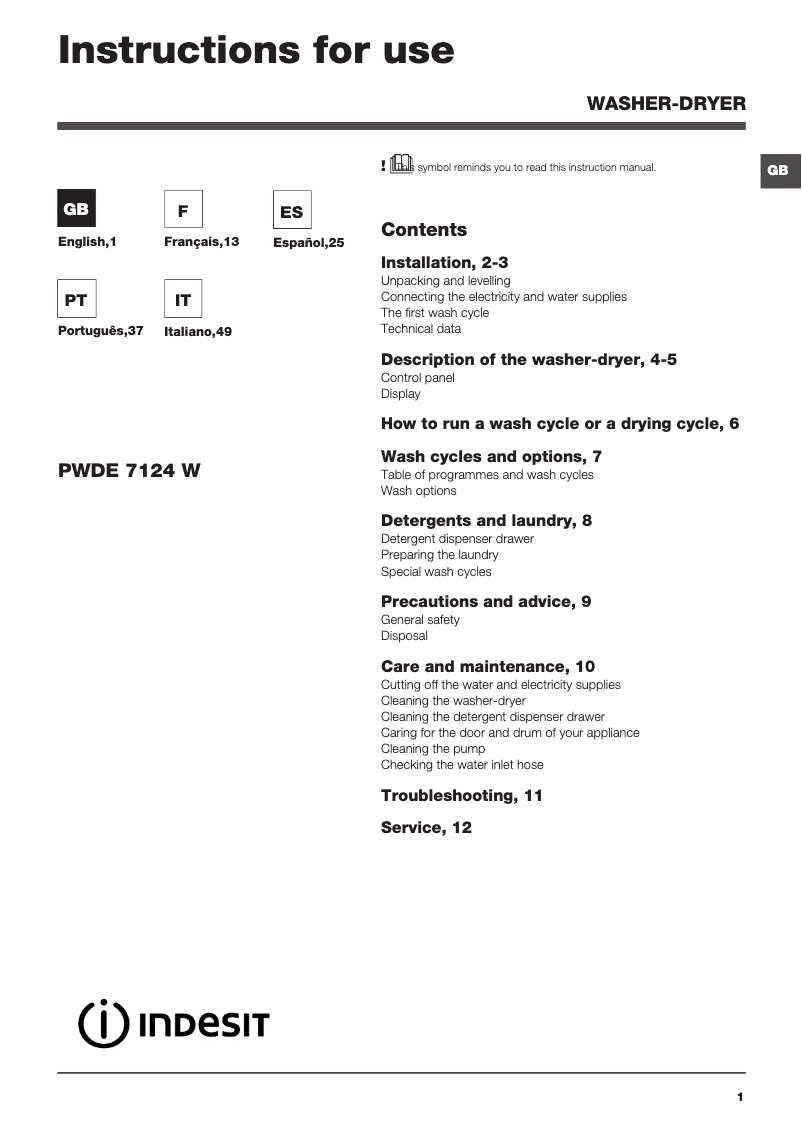 Page 1 de la notice Manuel utilisateur Indesit PWDE 7124 S