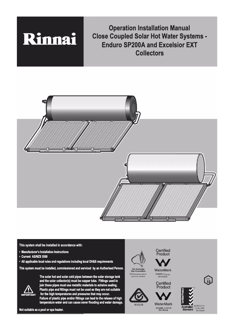 Página 1 del manual Manual de usuario Rinnai Prestige Evacuated Tube