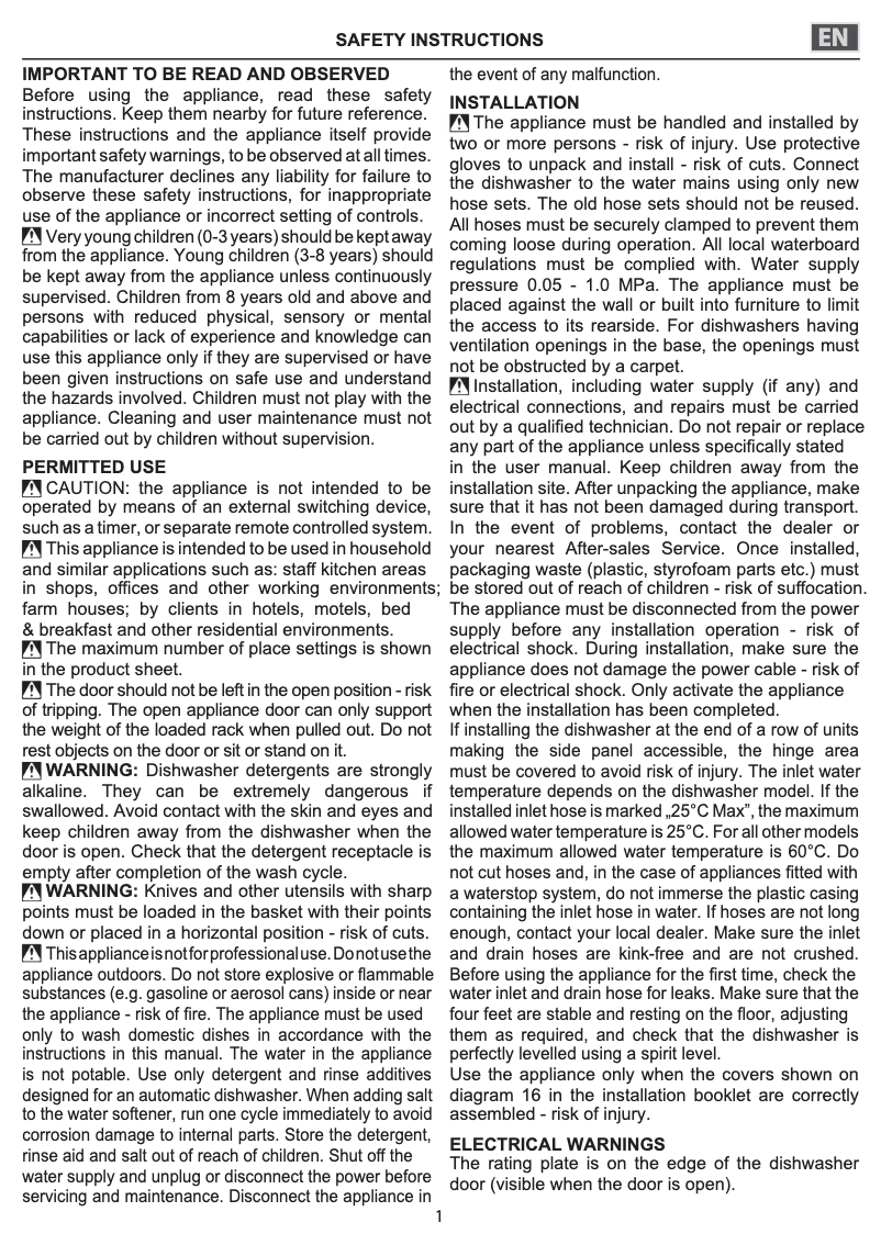 Page 1 de la notice Instructions de sécurité Whirlpool WIO 3T141 PS
